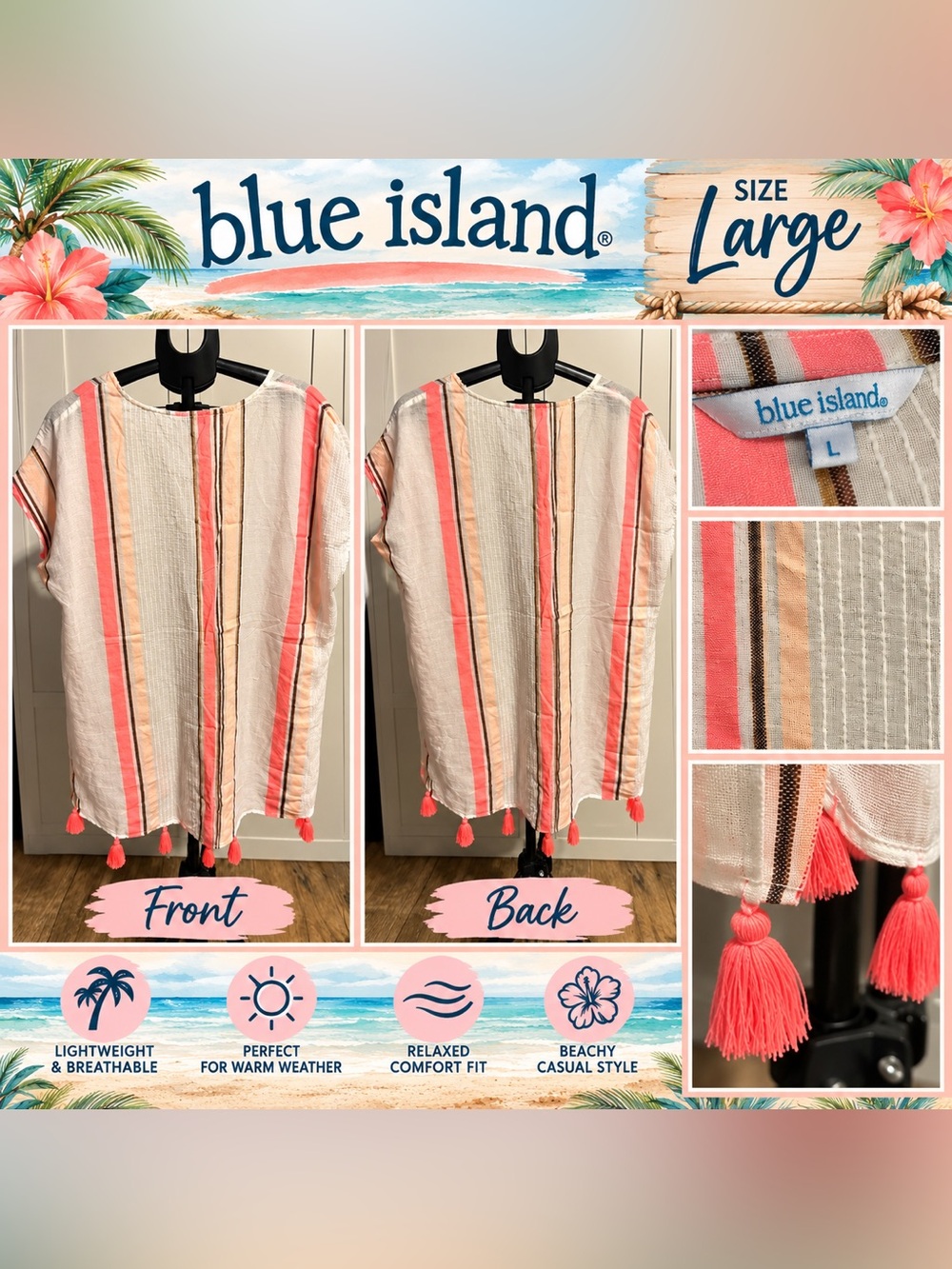 Blue Island Striped Beach Cover Up with Tassels - Size L